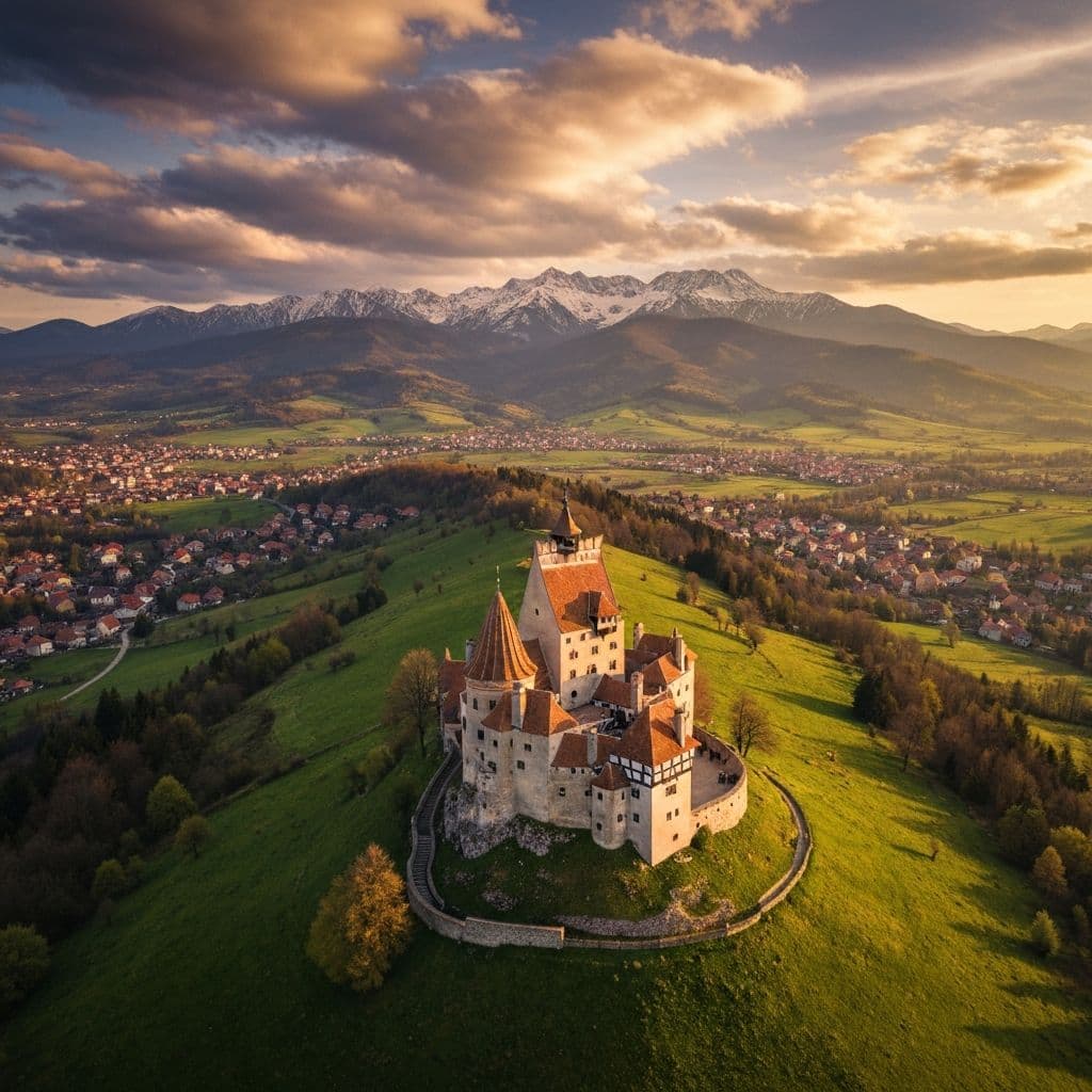 Panoramic view of Romania's Carpathian Mountains and historic castles